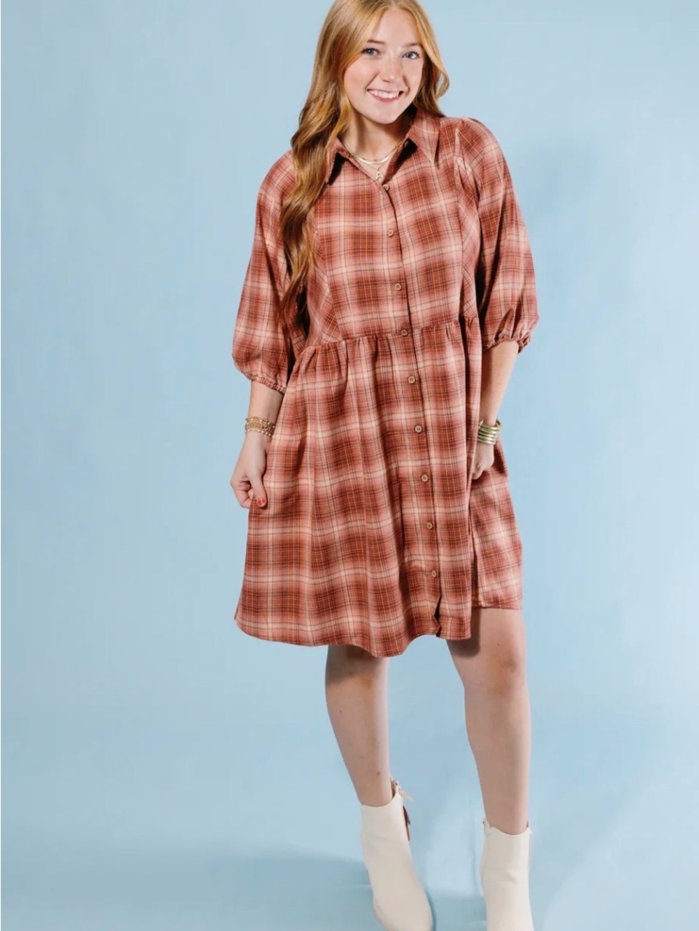 Umgee Rust Plaid Button-Front Midi Dress